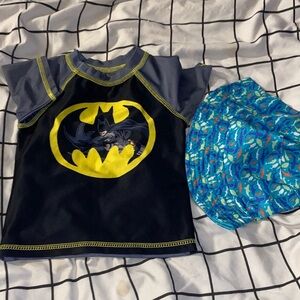 Batman Kids Swim Rashguard - Black and Yellow with Blue Shorts